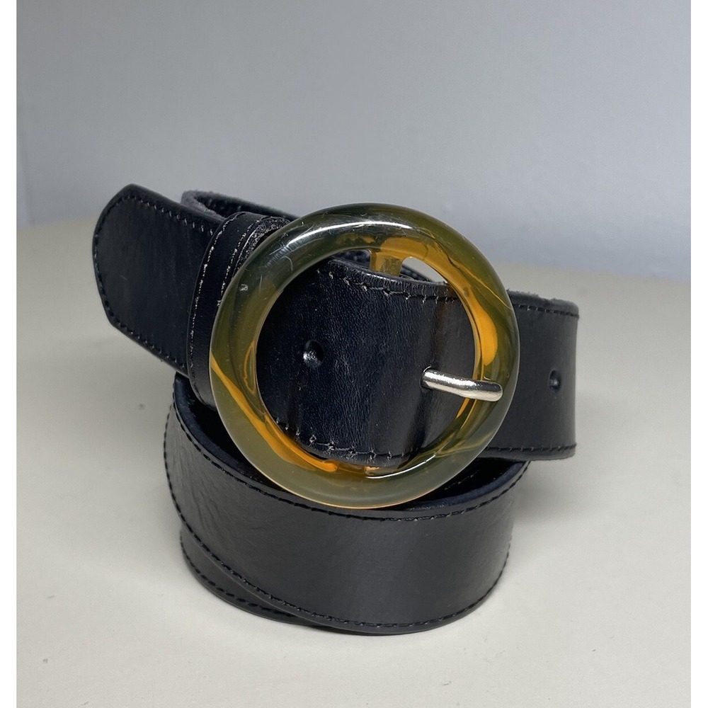 Urban Outfitters Black Leather Belt With Plastic Brown r Tone Buckle Size L